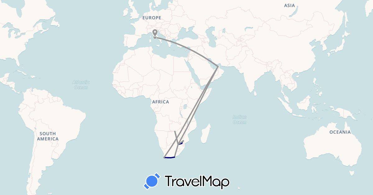 TravelMap itinerary: driving, plane in United Arab Emirates, Italy, South Africa, Zimbabwe (Africa, Asia, Europe)